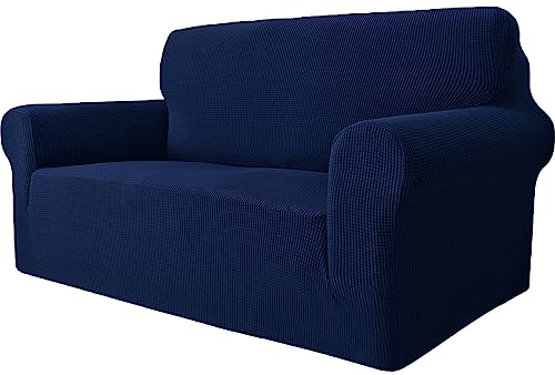 Ystyle Sofa überzug 2 Sitzer Mit Armlehne, Stretch Sofabezug rutschfest, Modern Sofa Cover Für Hunde Haustiere, Atmungsaktiv Couch überzug Mit Elastic Bottom, Dunkelblau