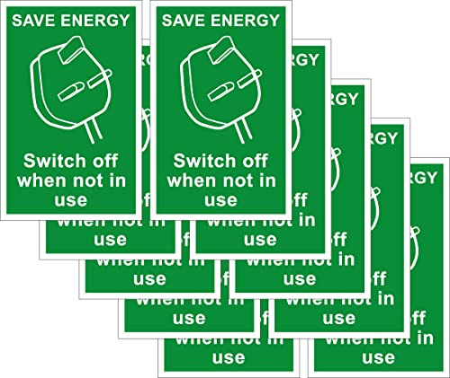 Pack of 10 self adhesive safety signs 90mm x 140mm - Save energy Switch off when not in use
