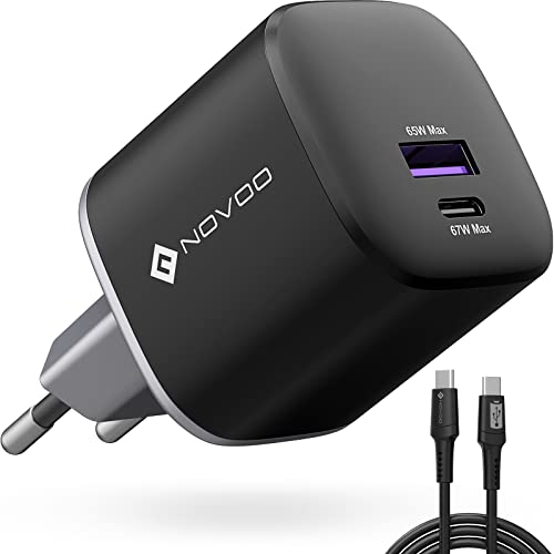 NOVOO 67 W USB-C-Ladegerät mit 2 Anschlüssen, GaN Ladegerät, schnelles Kompakt, faltbar, für Reise, Wandladegerät für MacBook Pro/Air, iPad Pro, Pixel 7, ThinkPad, Dell XPS 13, Steam Deck