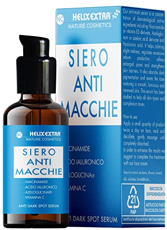 Siero Viso Anti-Macchie, Illuminante, Rimpolpante con Niacinamide, Acido Ialuronico, Azeloglicina, Pelle libera da Macchie Scure. Prodotto in Italia. Formato Grande 100 ml.
