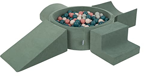 KiddyMoon Velvet Aire De Jeux en Mousse avec Rond Piscine À Balles pour Enfants Piscine (200 Balles), Vert Forêt: Turquoise Foncé/Beige Pastel/Gris De Vert/Saumon
