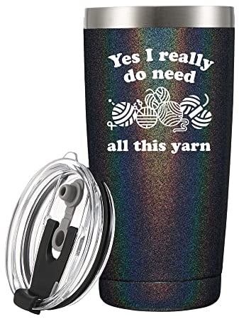 Panvola 'Yes I Really Do Need All These Yarn ' Häkelbecher, Geschenke für Häkeler, Stricker, Häkel- und Strickbecher, vakuumisolierter Becher, 590 ml, schwarze Pailletten