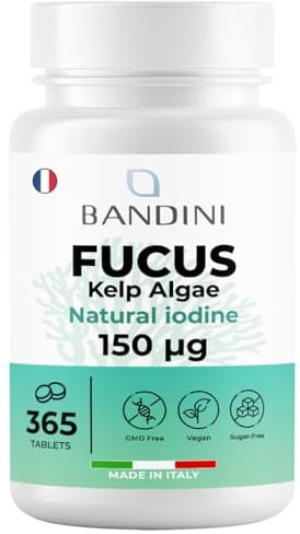 Bandini® Fucus Algue Varech (Iode Naturel) - 365 Comprimés 150 mcg d'Iode issu d’algues brunes (Couverture 1 An) - Standardisé à 0,1% en Iod - Métabolisme Énergétique, Ongles et Cheveux - Sans OGM