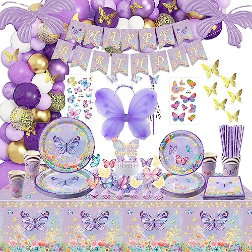 XJLANTTE 213 Pezzi Decorazioni Farfalla Viola - Include Piatti, Tazze, Tovaglia, Palloncino, Striscione Compleanno Farfalla, Adesivi Farfalla, Set Ali Farfalla