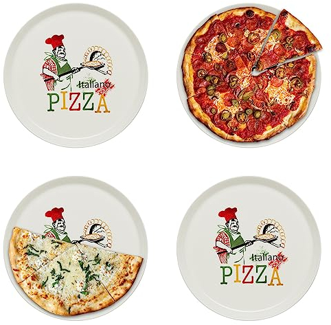 KHG 4er Set Pizzateller, extra groß mit 30cm Durchmesser in Chefkoch Print, perfekt für Gastro und Zuhause, hochwertiges Porzellan, Spühlmaschinengeeignet & perfekt Stapelbar