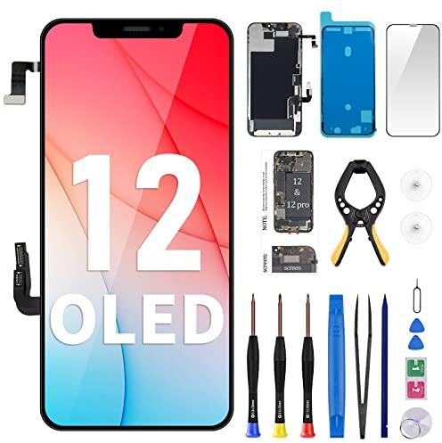 Risidamoy OLED-Bildschirm für iPhone 12, 15,5 cm (6,1 Zoll), für iPhone 12 Pro, OLED-Touch-Display, Digitizer, komplette Montage mit Ohrmuschel-Reparaturset, magnetische Schraubenmatte,