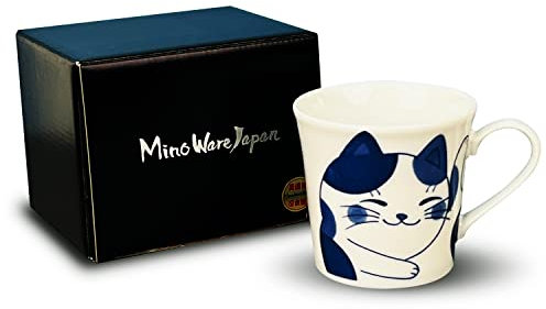 MINO WARE JAPAN Japanese Ceramic Mug with Gift Box-Nekochigura Teacup Series-10 fl oz Japanese Yunomi Pottery Green Tea Coffee Mug Soup Cup, Hot or Cold drinks, Dishwasher and Microwave safe (Mike)