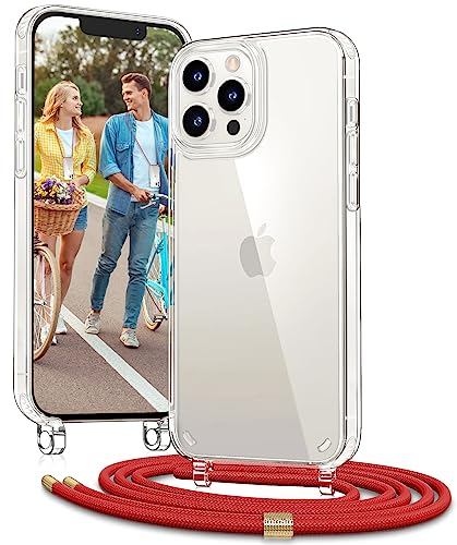 Vaykwo Handykette für Apple iPhone 12 Hülle mit Band und iPhone 12 Pro Hülle mit Band - Necklace Handyhülle - Transparente Case zum Umhängen mit Kameraschutz und Bildschirmschutz - Rot