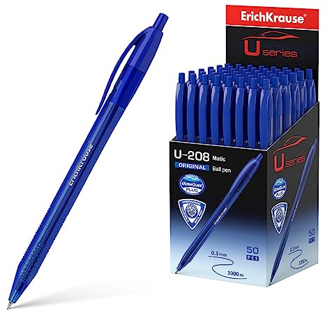 Erich Krause Druckkugelschreiber 0,3mm 50er Pack Blau - einfaches und weiches Schreiben - schlanke Form & transparent - Kulis & Schreibtischzubehör - U-208 Original