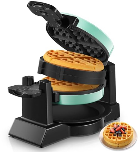 Waffle Maker, 1400W Double Belgian Waffle Iron 180° Flip, 8 Slices in 3 Mins, Rotating & Nonstick Plates, Anti-Scald, Removable Drip Tray Easy to Clean, Cool Touch Handle, Space-Saving (Mint Blue)
