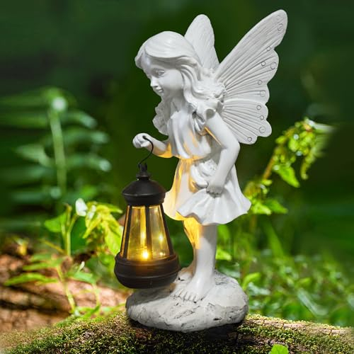YIKEDAN Fee mit Solar Laterne Gartenfiguren für Außen Deko, Harz Elfen Gartendeko für Draußen mit Wetterfest Solarlampe, Feengartenstatue Geschenke für Frauen Mama Geburtstag