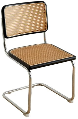 Gepolsterter Holz-Rattan-Esszimmerstuhl, armloser Esszimmer-Küchenstuhl mit natürlicher Rohrrückenlehne und rostfreiem Chromgestell, Loungesessel für Wohnzimmer/Schlafzimmer/Hof