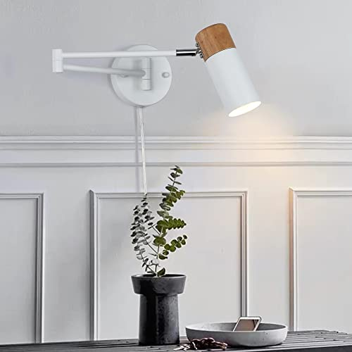 BRILUCE Industrial Swing Arm Wall Light with Plug in Cord Lamp Mounted Extension Bracket Sconces White Metal Light Fixture Rotation Reading Lighting for Reading Room, Bedroom