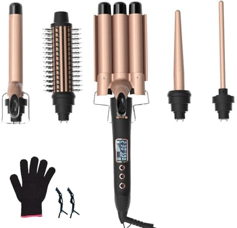 Layhou 5 in 1 Hair Curler, Curling Wand Curling Tongs Set, LCD Ceramic Coated Multifunctional Interchangeable Wave Iron, Temperature Regulation, Hair Styling Tool with Gloves