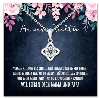 BYLITZ An meine Tochter Vergiss nie Doppelherz Karabiner Halskette mit personalisierter Karte und Geschenk- Box Kette mit Zirkonia zum Geburtstag Weihnachten (LED Box - Knoten)