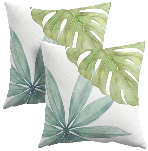 Kissenbezüge mit tropischen Blättern, 45,7 x 45,7 cm, 2er-Set, Aquarell-Grünes Palmblatt, Sommer, Outdoor, Überwurf-Kissenbezüge, Monstera, Botanische Pflanze, Baumwollleinen, Kissenbezüge für Couch,
