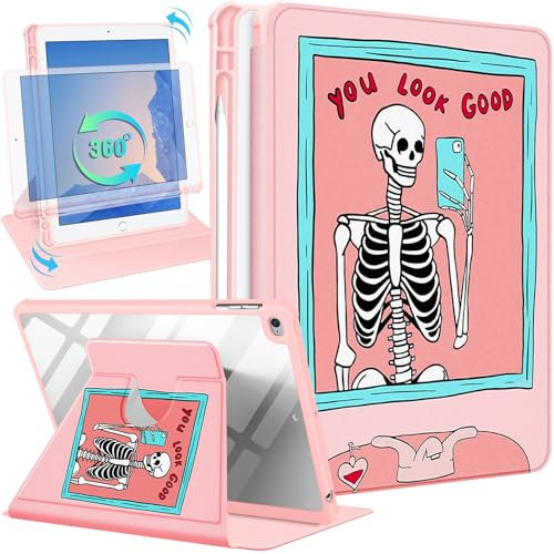 SurgeCraft for iPad 5th/6th Generation Case, for iPad Air 1st/2nd Gen, for iPad Pro 9.7 Inch Case, Rotating Stand with Pencil Holder for Women Girls Cute Skull Folio Cover Skeleton Funny for iPad 9.7