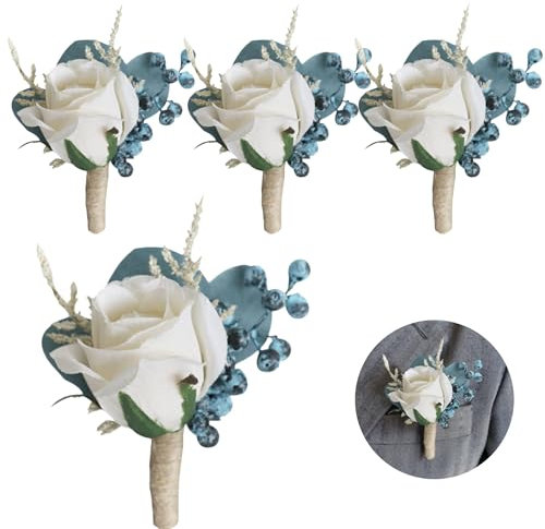 Huilimei 4 rose artificiali blu pavone da uomo, bouquet da sposa e sposo, per damigella d'onore, cerimonia nuziale, anniversario, cena, danza, fiori, decorazione con spilla per abito
