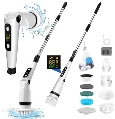 GRUTTI Elektrische Reinigungsbürste,Electric Spin Scrubber Schnurlos mit 8 Austauschbaren Bohrbürstenköpfen, Wanne und Bodenfliese mopSet mit 133cm verstellbarem Griff für Bad Küche Auto Fußboden