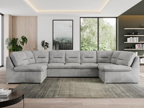 MKS MEBLE Sofa XXL U-Form, Wohnlandschaft Mit Schlaffunktion, Schlafsofa, Wohnzimmer Couch - Morbido U - Hellgrau Velvet