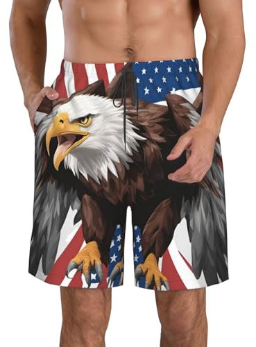 Short de plage aigle avec imprimé drapeau américain pour homme à séchage rapide, convient également pour un usage quotidien, etc., blanc, 3XL