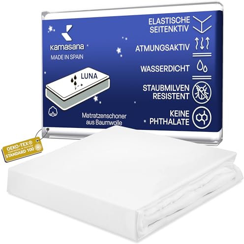 KAMASANA Matratzenschoner wasserdicht 180 x 200 - Baumwolle, atmungsaktive Matratzenauflage, Oeko-Tex Zertifiziert, Anti-Allergie, Anti-Milben, Spannbettlaken, geräuschlos, ohne Knistern