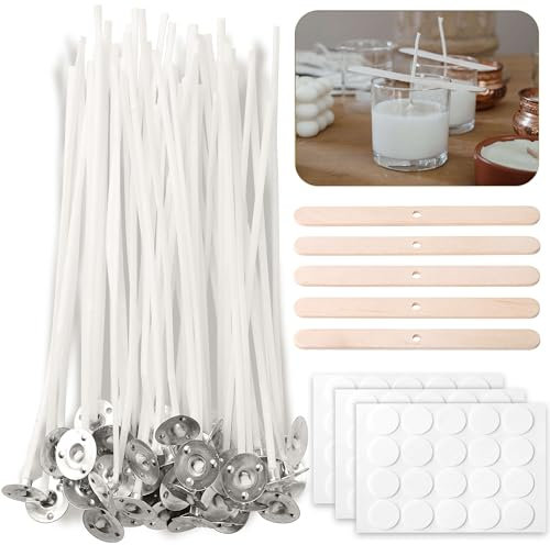 CZ Store®- Kerzendochte | 60STK |10 cm | Holzdochthalter X5 + Kerzendochtaufklebern X60| Natürliche Bio Baumwolle, vorgewachst mit Soja-Wachs - Langlebig, geruchlos, sauber