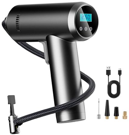Tyre Inflator Air Compressor,150 PSI Cordless Car Tyre Pump Rechargeable Battery Portable Car Tyre Inflator Electric Digital Tyre Pump Auto-Stop with Led Light 4 Nozzle Adapter for Car Moto Bike Ball