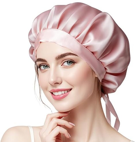 Seidenmütze,Maulbeerseide Schlafmütze Rutschfest Verstellbar,Seidenhaube zum Schlafen Atmungsaktiver,Kopfbedeckung Seidenhaube,Nachtmütze für lockiges Haar mit elastischem Band,Haarpflege (Rosa)
