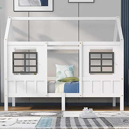 YuQozii Hausbett, Einzelbett, Tagesbett, Kinderbett mit 2 Fenstern, Rahmen aus Kiefer, MDF, weiß (200x90cm)