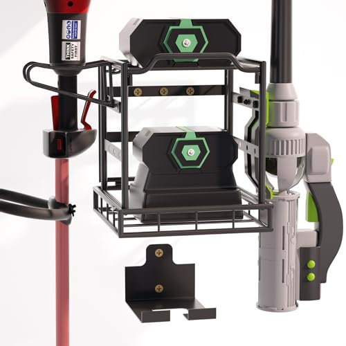 Power Tool Organizer Wall Mount, Lawn Tool Storage Rack for Leaf Blower, Weed Eater, Battery, Charger - Yard Tool Storage Organizer with Storage Hook for Hanging Basement Garage Trimmer/Tool (Black)