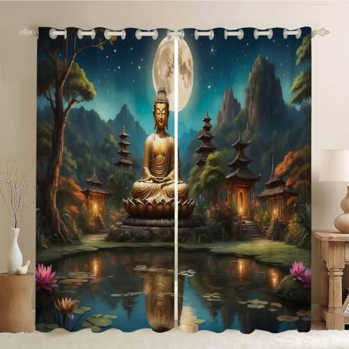 MLUNKQAIL Verdunklungsvorhänge Buddha-Statue Vorhänge Blickdicht Spiegelung Gardinen mit Ösen Wärmedämmvorhang Verdunklungsdekoschal Gardinen Wohnzimmer 2Er Set 50X140cm (BxH)