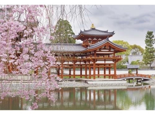 Xiaoterna 2,2x1,5m Toile de Fond Jardin Japonais Fond Photographique pavillon de cerisiers en Fleurs Jardin Patio Arbres Rivière Printemps Paysage Toile de Fond Accessoires pour photomaton