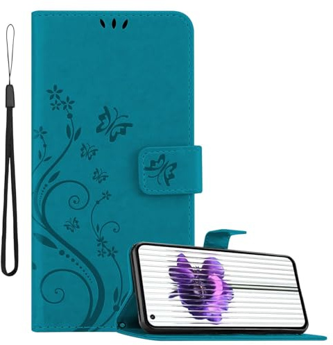 Cadorabo Hülle kompatibel mit Nothing Phone 2 in FLORAL BLAU - Schutzhülle im Blumen Design mit Magnetverschluss, Standfunktion und Kartenfächern
