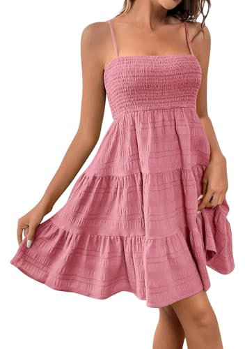 Robe de Plage Femme Bretelles Fines,2025 Robe Femme Ete Fluide Pas Cher Robes Court Baggy Decontractée Dos Nu Plissee sans Manches Légère Basic Rose Clair, S