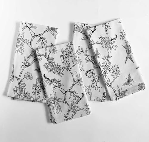 Vargottam Baumwoll-Canvas-Servietten mit ethnischem Charme, Vogel- und Blattdesign – 12er-Set, 50,8 cm große Stoffservietten mit klassischem Schwarz-Weiß-Druck, perfekt zum Essen – maschinenwaschbar