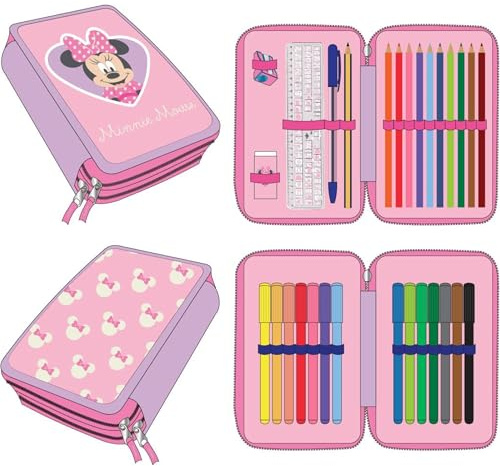 CERDÁ LIFE'S LITTLE MOMENTS Federmäppchen mit Minnie-Zubehör, mit Filzstiften, Kugelschreibern und Buntstiften | Dreifach-Schuletui mit Disney-Design, Minnie, 12.5x19.5x4.5 cm, Lizenzprodukt