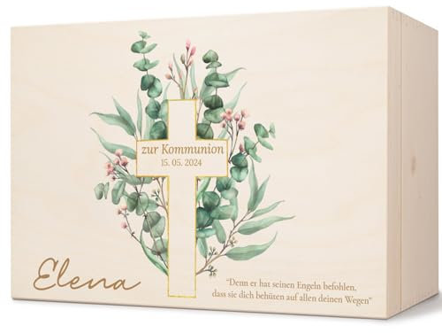 GRAVURZEILE Bedruckte Erinnerungskiste - Eukalyptuskreuz - Personalisiert mit Name & Datum - Erinnerungsbox für Mädchen & Jungen - Geschenk zur Kommunion, Konfirmation & Taufe - Erinnerungsbox