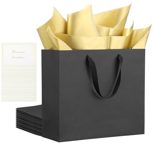 EUSOAR Schwarz Papiertüten mit Henkel - 10 PCS Set Geschenktüten mit 20PCS Gold Seidenpapier, 10 PCS Weiß-Gold Grußkarten - 32x11.5x28cm L Gift Bags mit Griffen für Favors Boutiquen