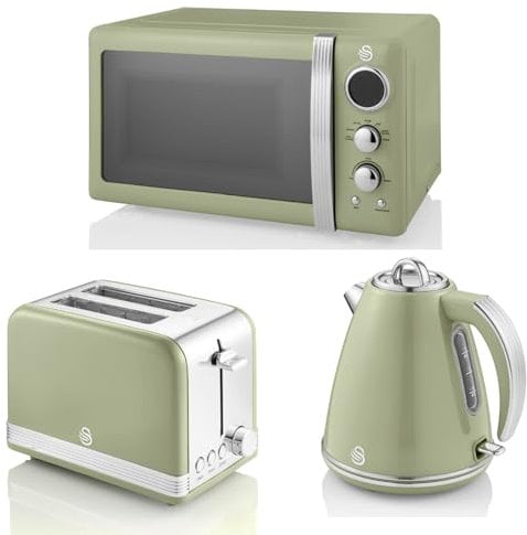 Swan Retro Green 1.5L 3KW Jug Kettle, 2 Slice Toaster and 800W 20L Digital Microwave. Retro Design Matching Kitchen Set in Green