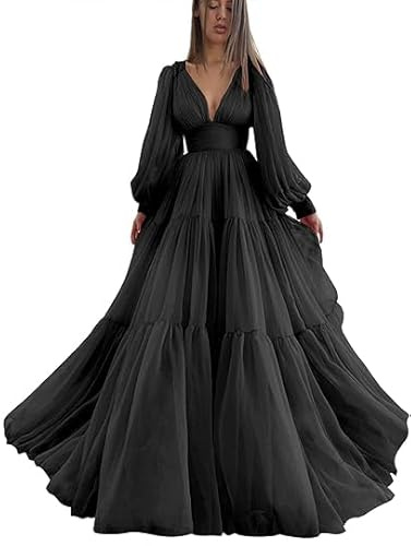 Chiffon-Ballkleid, lange Puffärmel, V-Ausschnitt, Ballkleid, plissiert, Empire-Taille, Prinzessinnen-Abendkleider