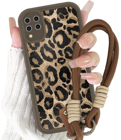 Yirlbey Coque pour Samsung Galaxy A12 / A12 Nacho 4G avec Cordon de Bracelet, Silicone Étui avec Aesthetic Brun Léopard Motif Design, Housse avec Lanyard Cover Case pour Samsung A12 6,5, Vache