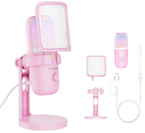 Pink USB Condenser Microphone for Gaming, PC Mic with 2 Pickup Patterns, RGB Light, Tap-to-Mute, 96KHz/24Bit for Streaming Podcast YouTube Recording, Plug & Play for PS4 PS5 Computer Accessories