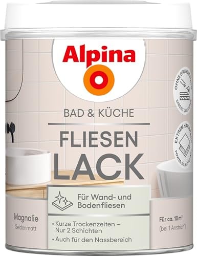 Alpina Bad & Küche Fliesen-Lack Magnolie – seidenmatter Fliesenlack für Wandfliesen im Innenbereich, feuchtraumgeeignet & streichfertig, ideal für Badezimmer, Küche & WC – 0,75 L