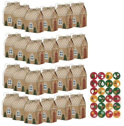 OZNXWRYY Calendario dell’Avvento Fai-da-Te 24 scatoline Regalo con Numeri Adesivi 7x4,5x10 cm Kraft Marrone Decorazioni Natalizie per Appendere a Parete Albero Camino Feste