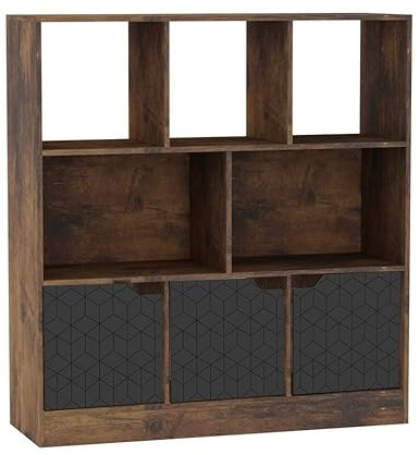 URBNLIVING Rustic Brown 8 Cube Asymmetrical Bookcase – Freestanding Storage Unit with 3 Doors - Geo Design Doors - Black