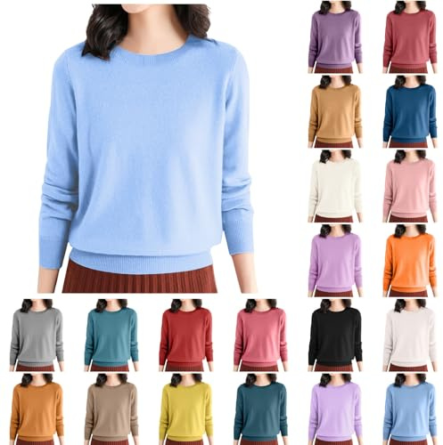 PAIDAXING Cashmere Jumpers for Women UK Crew Neck Long Sleeve Knit Tops Lightweight Solid Color Sweaters Casual Ladies Slim Fit Pullover Autumn Winter Thermal Wool Jumper Base Layer Sweatshirt