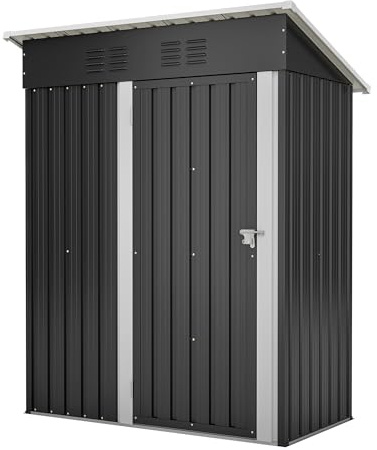 Gihauvia Metall Gerätehaus 153x73x182cm, Wetterfestes Gartenschuppen aus Verzinktem Stahl, Abschließbar mit Belüftungsgitter & Schrägdach, Robustes Lagerhaus für Garten & Werkstatt, Schwarz
