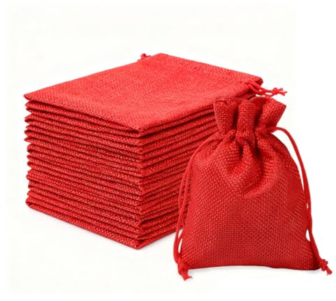 ZORVYN 30 Stück Jutesäckchen Zugbeutel Baumwolle Leinenbeutel mit Kordelzug, Mehrweg Aufbewahrungstasche Schmuckbeutel Geschenksäckchen (7x9 cm) (rot)