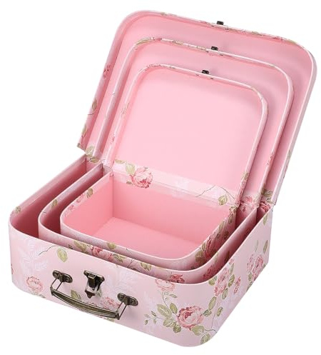 Lurrose 3 pièces Lot de Valises Carton Décoratives Vintage à Imprimé Floral avec Poignée Boîtes de Rangement Valise pour Cadeaux Anniversaire et Mariage Boîtes Papier Rigide Empilables et